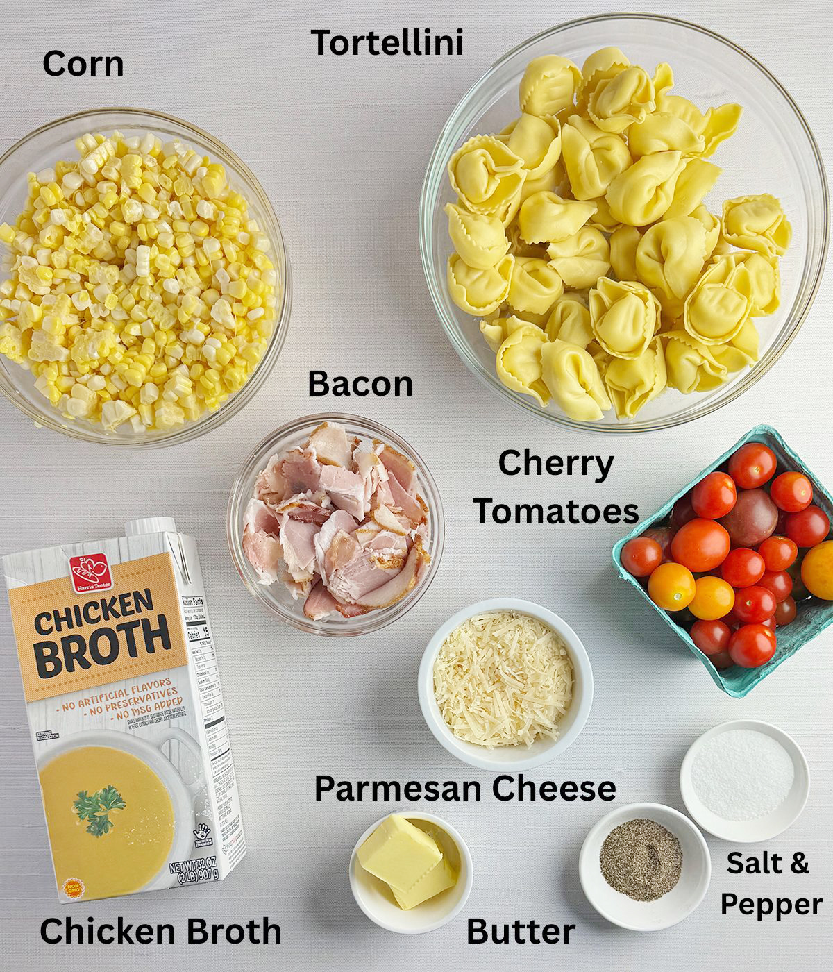 Ingredients needed for pan fried tortellini with veggies.