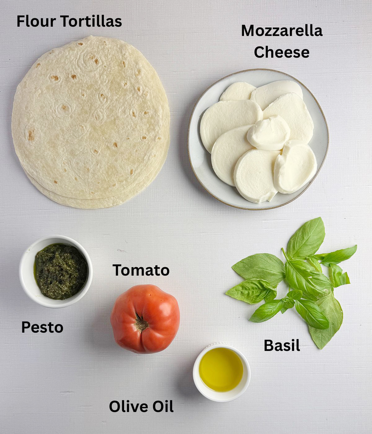 Ingredients needed to make caprese quesadillas.