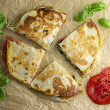 Sliced caprese quesadilla.