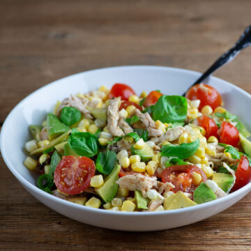 Summer chicken salad in a bowl.