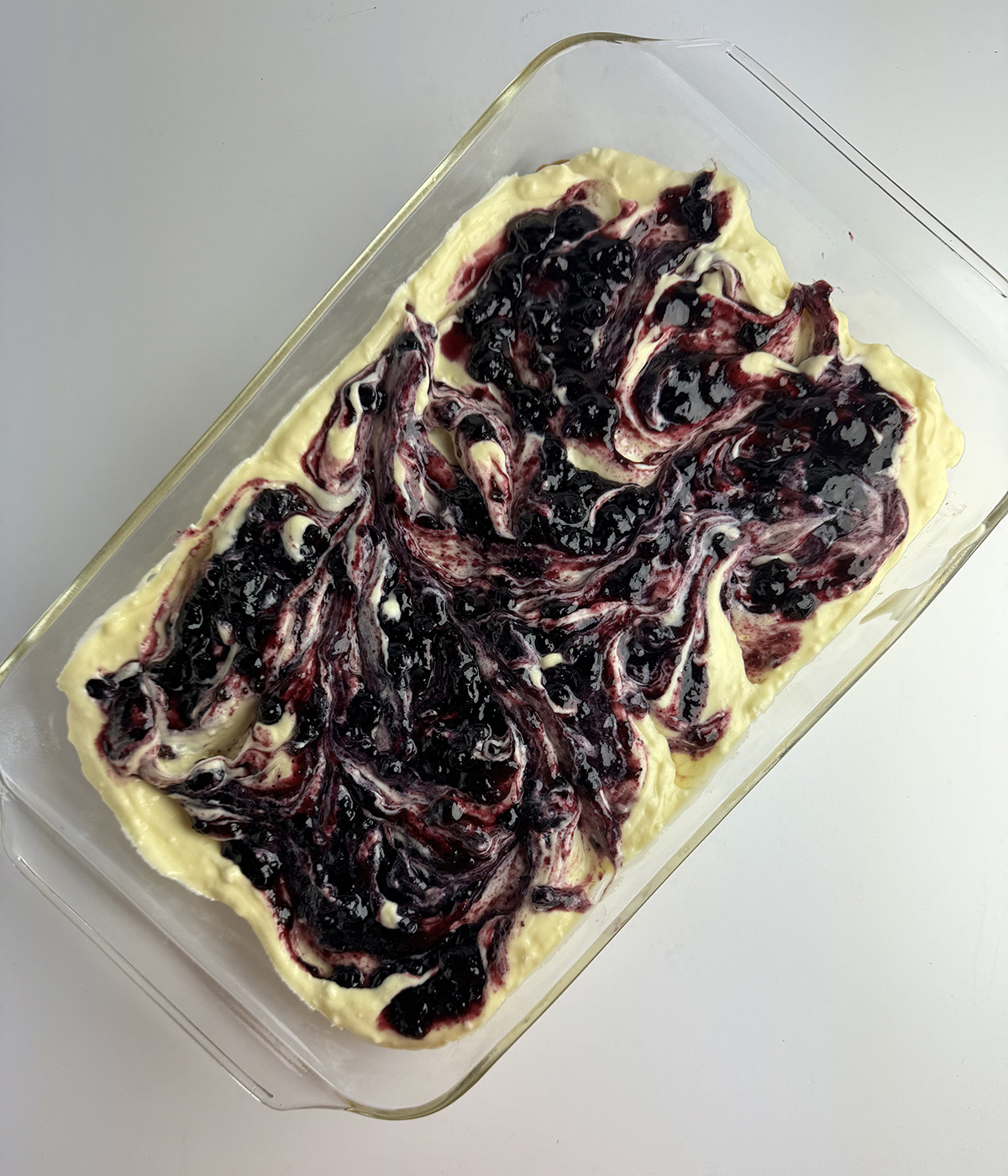 Blueberry cheesecake squares batter ready for the oven.