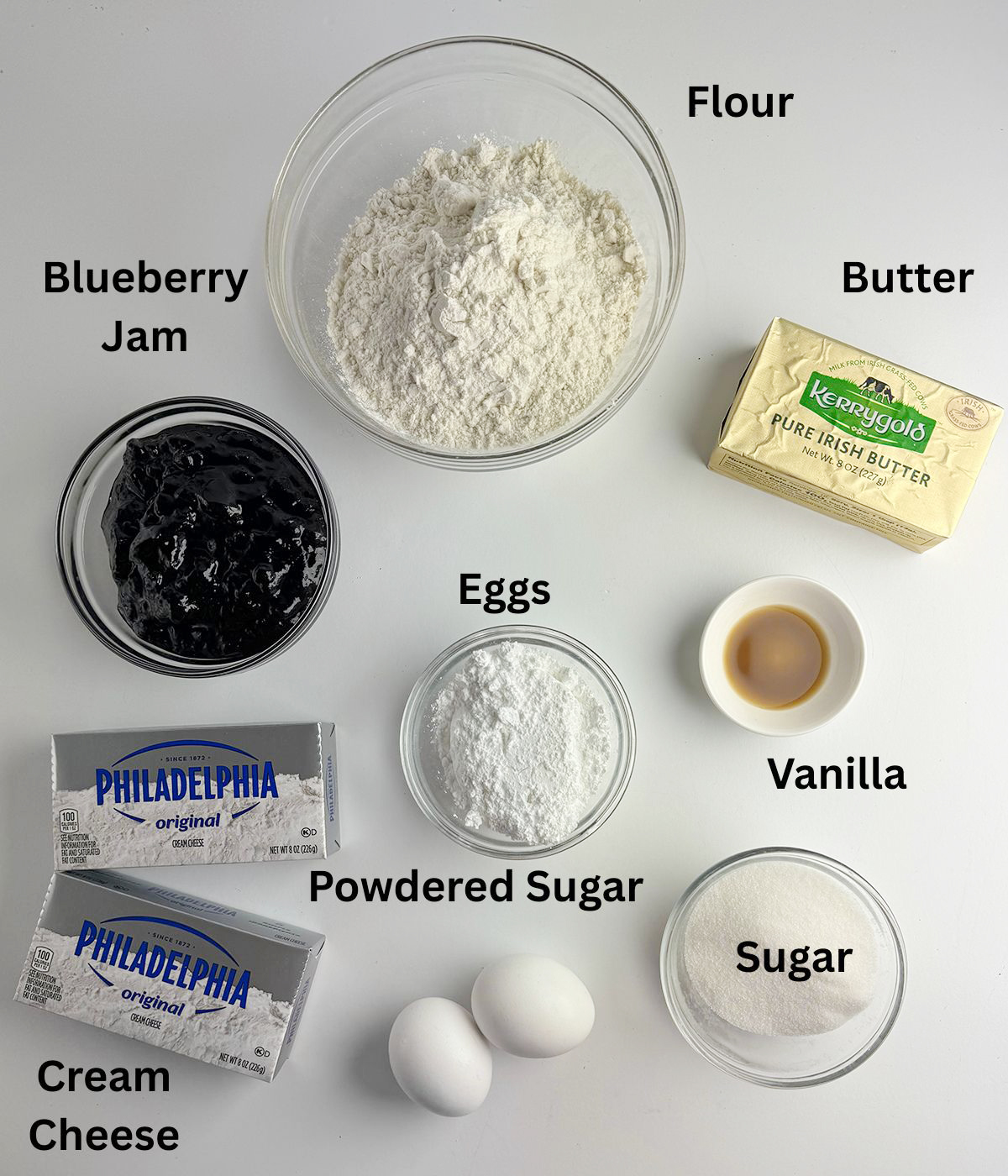 Ingredients needed for blueberry cheesecake squares.