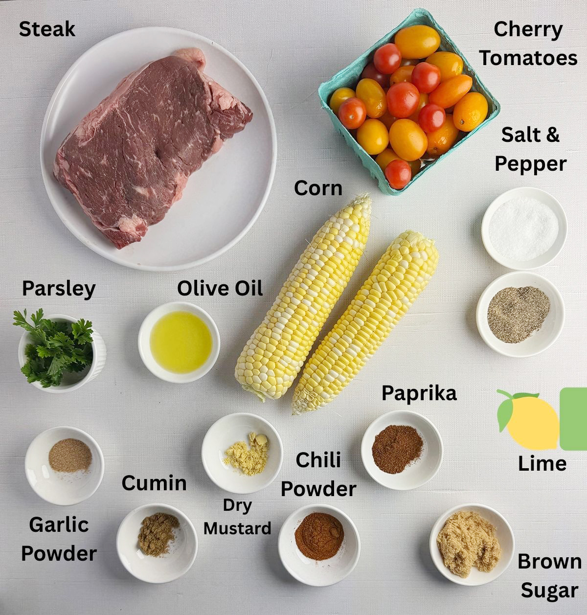 Ingredients needed to make Spice Rubbed Steak with Corn Tomato Salsa.