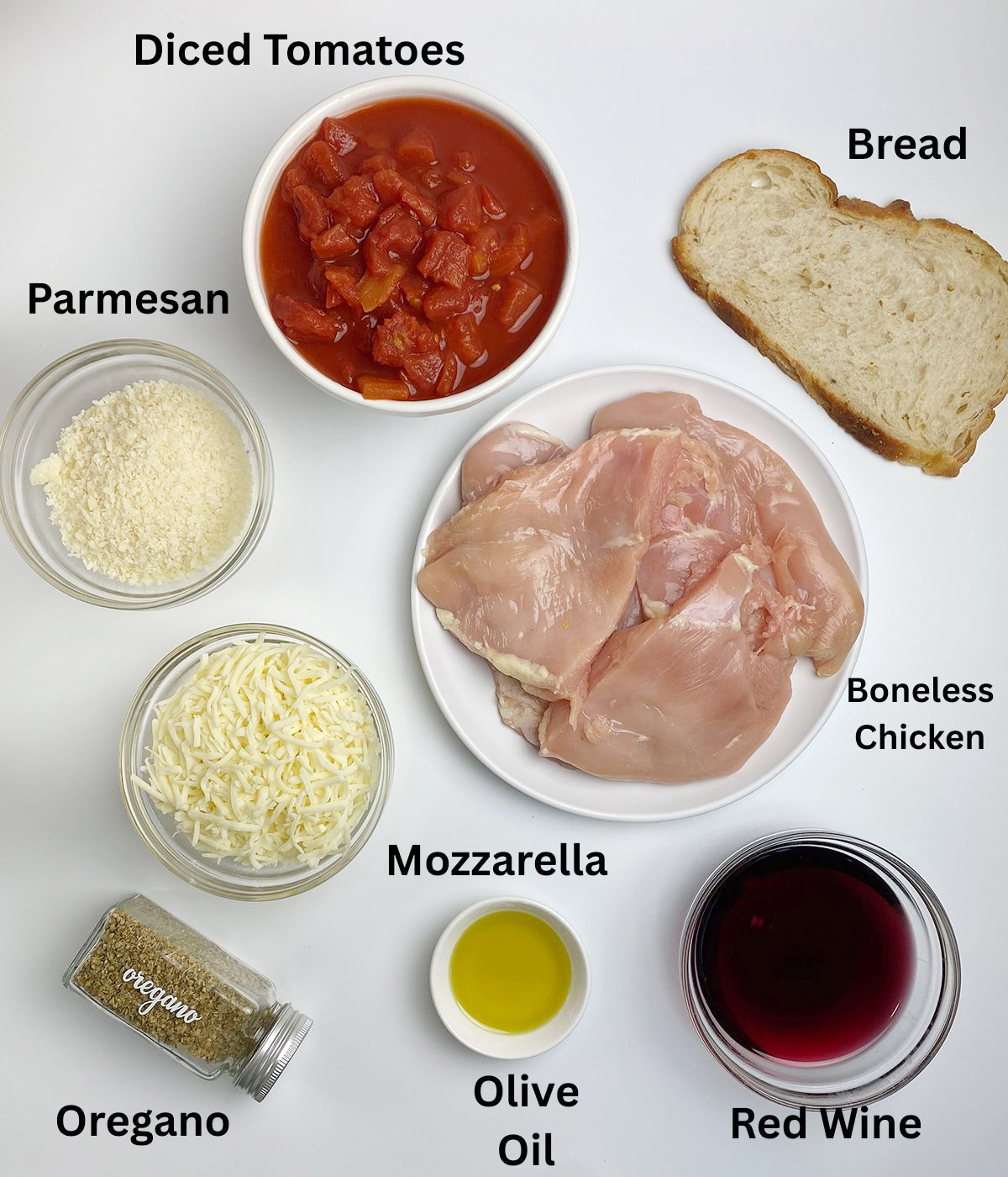 Ingredients needed to make one pan chicken parmesan.