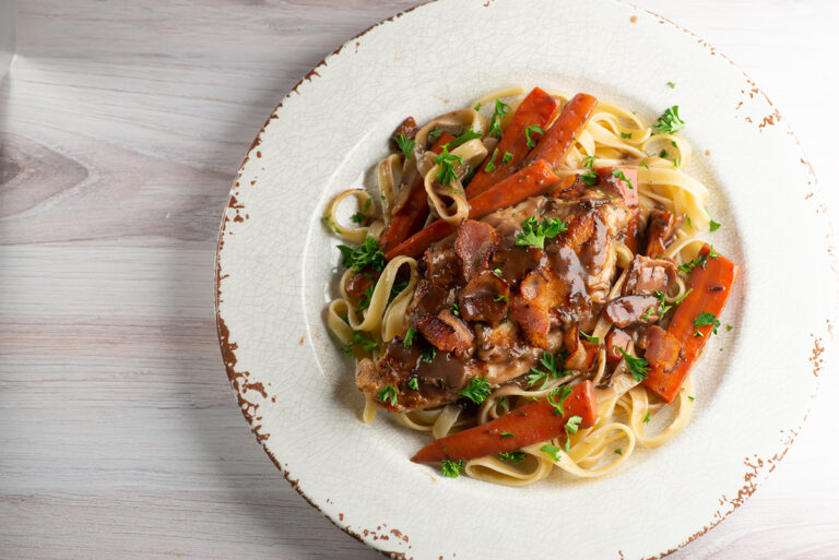 Easy coq au vin on a plate.