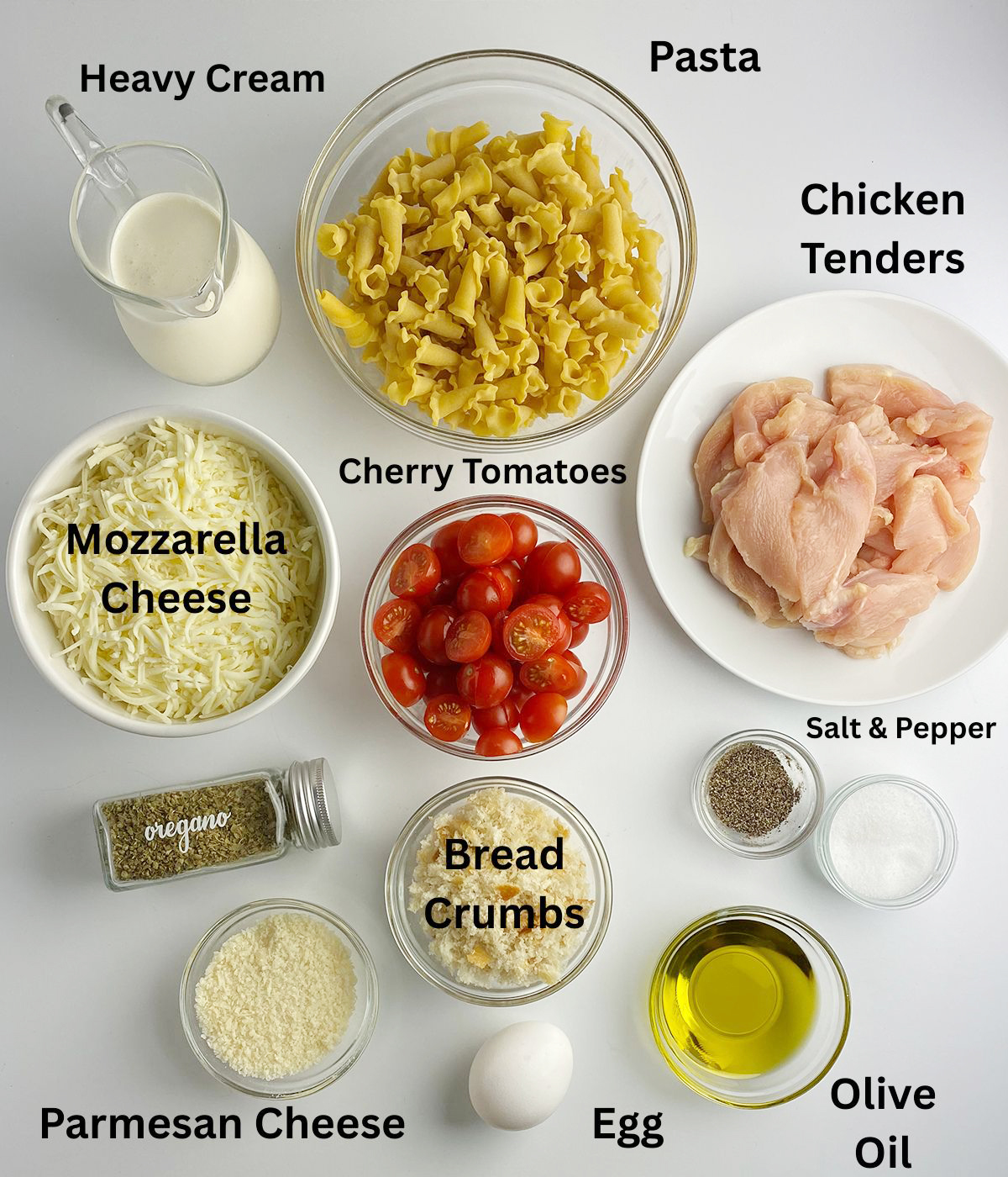 Ingredients needed for chicken parmesan pasta.
