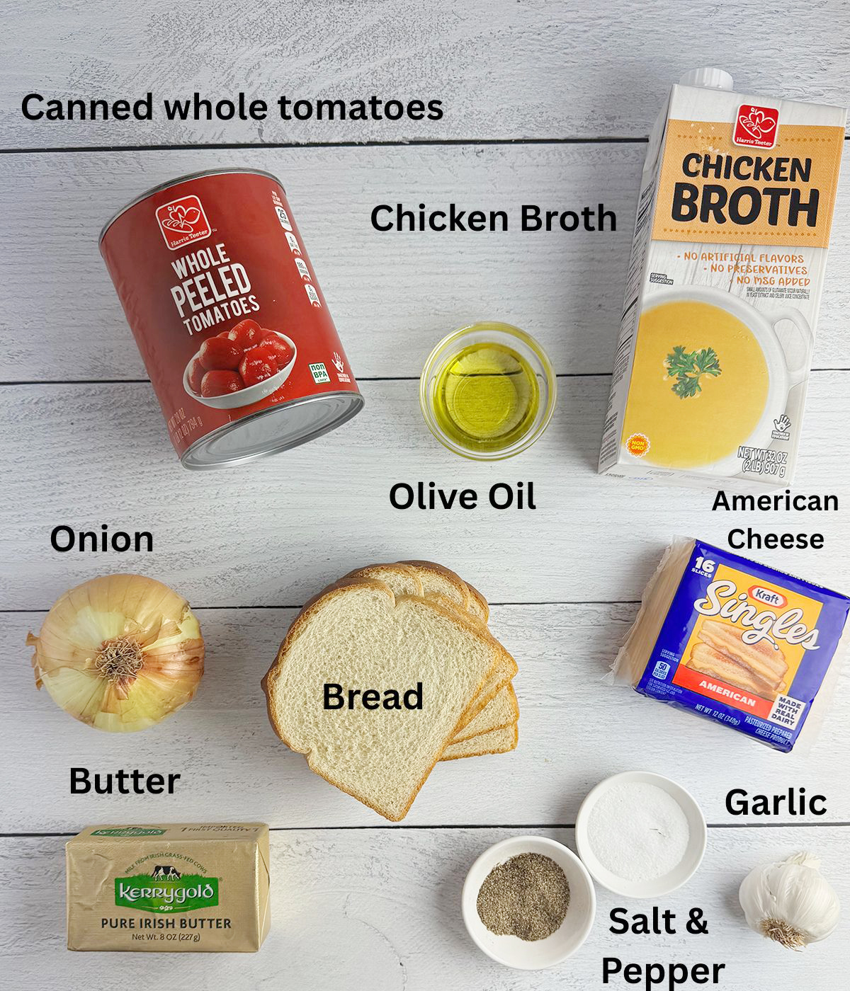 Ingredients for tomato soup with grilled cheese croutons.