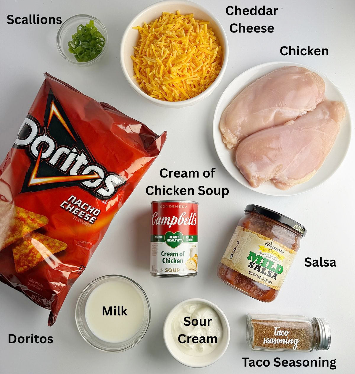 Ingredients needed for Dorito Chicken Casserole.
