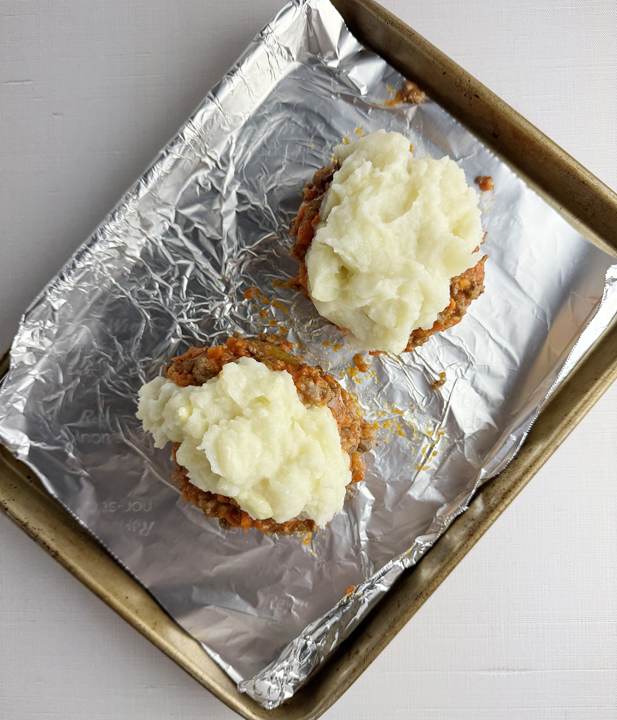 Shepherd's pie potatoes ready for the oven.