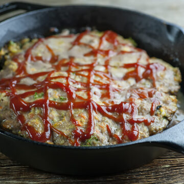 Skillet meatloaf in a cast iron pan.
