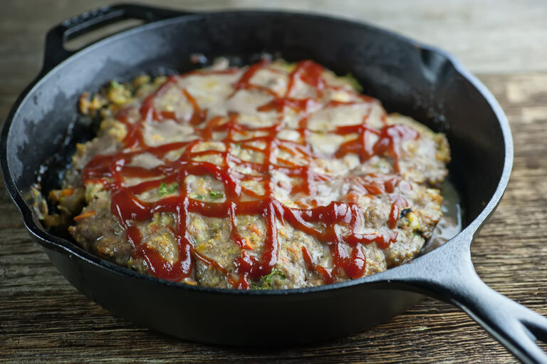 Skillet meatloaf in a cast iron pan.