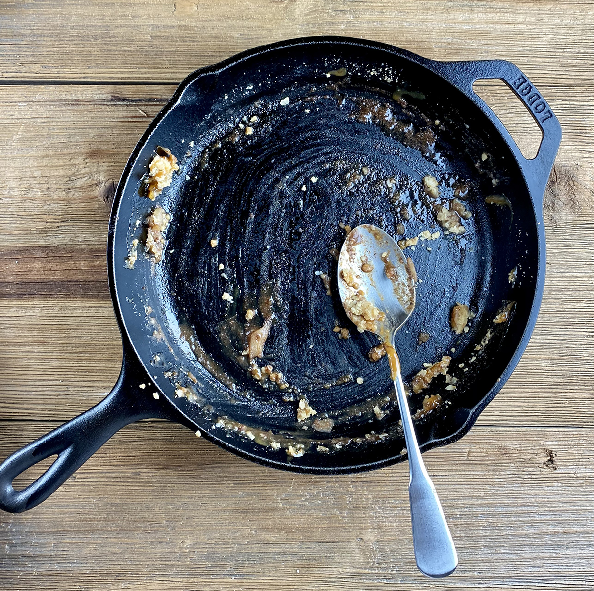 Empty skillet with spoon.