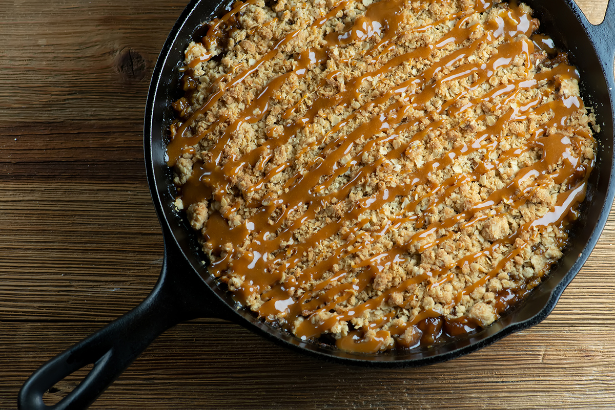 Finished skillet caramel apple crisp.