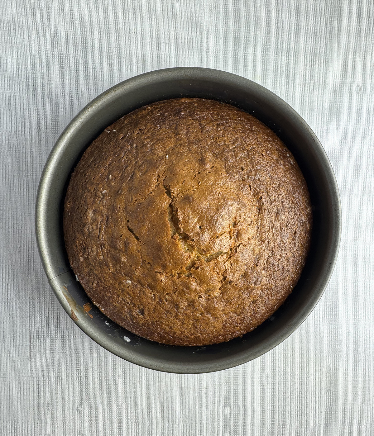 Baked banana cake in a pan.