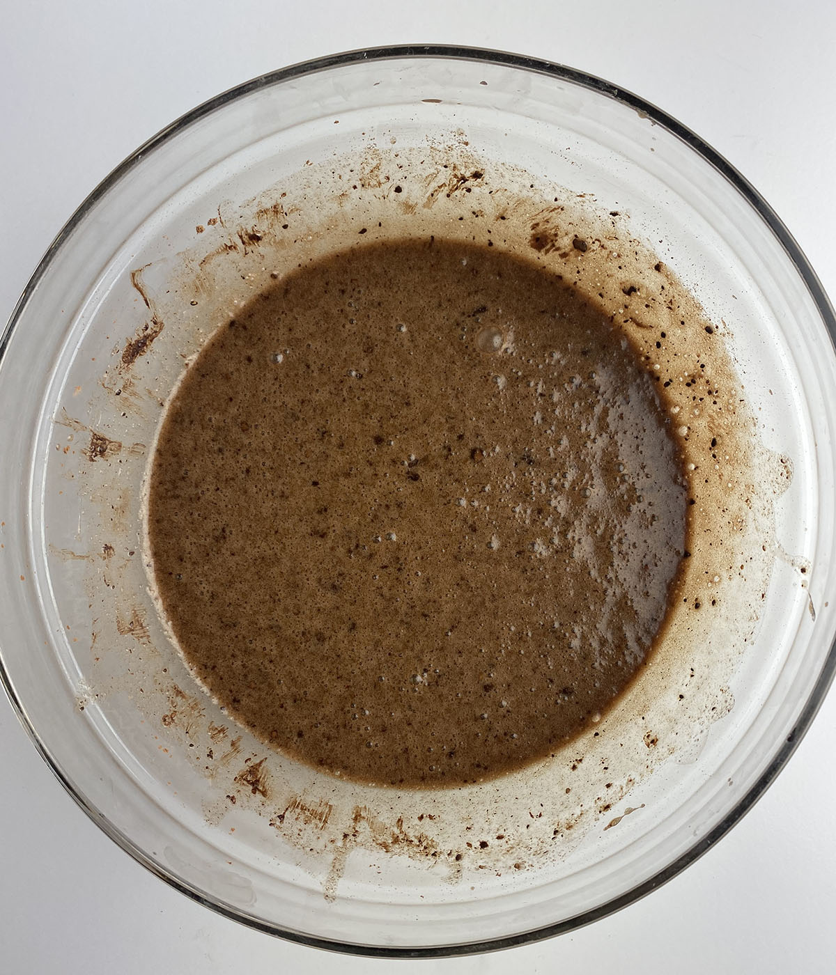 Chocolate chess pie batter in a mixing bowl.