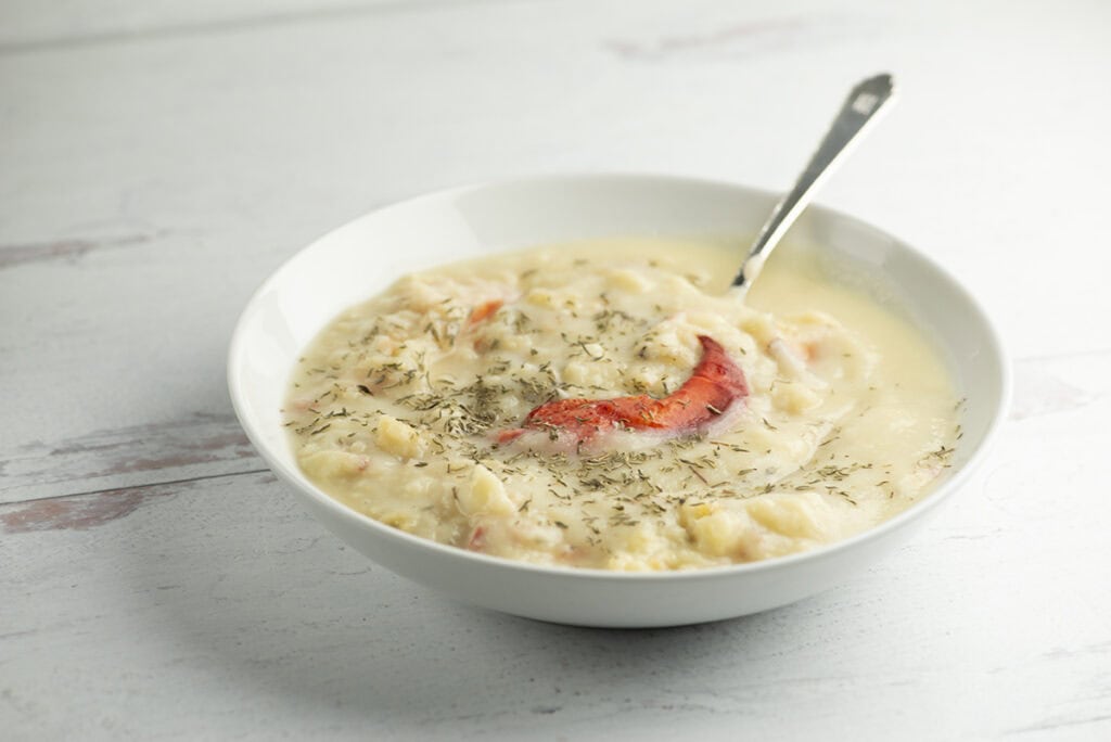 Lobster Cauliflower soup in a bowl.