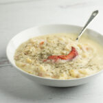 Lobster Cauliflower soup in a bowl.