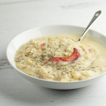 Lobster Cauliflower soup in a bowl.
