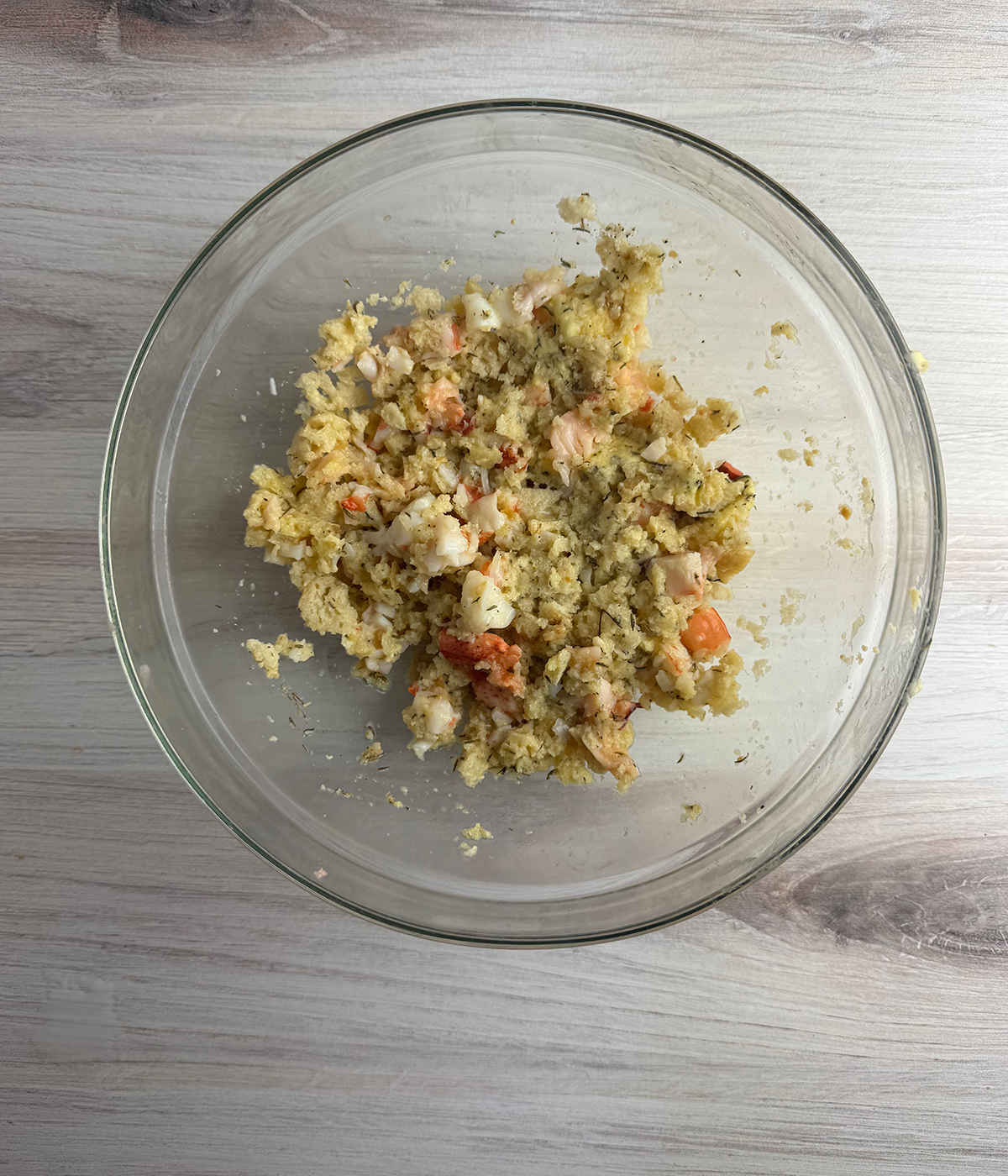 Lobster dumpling mixture in a bowl.