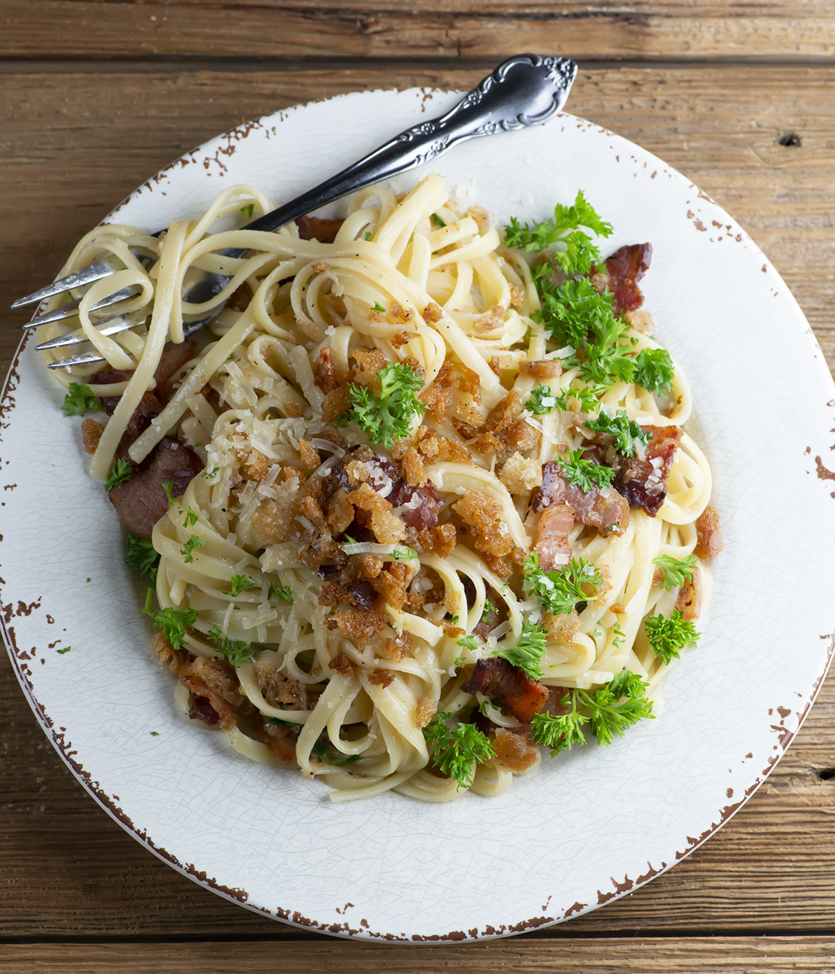 Plate of pasta with bacon bread crumb sauce.
