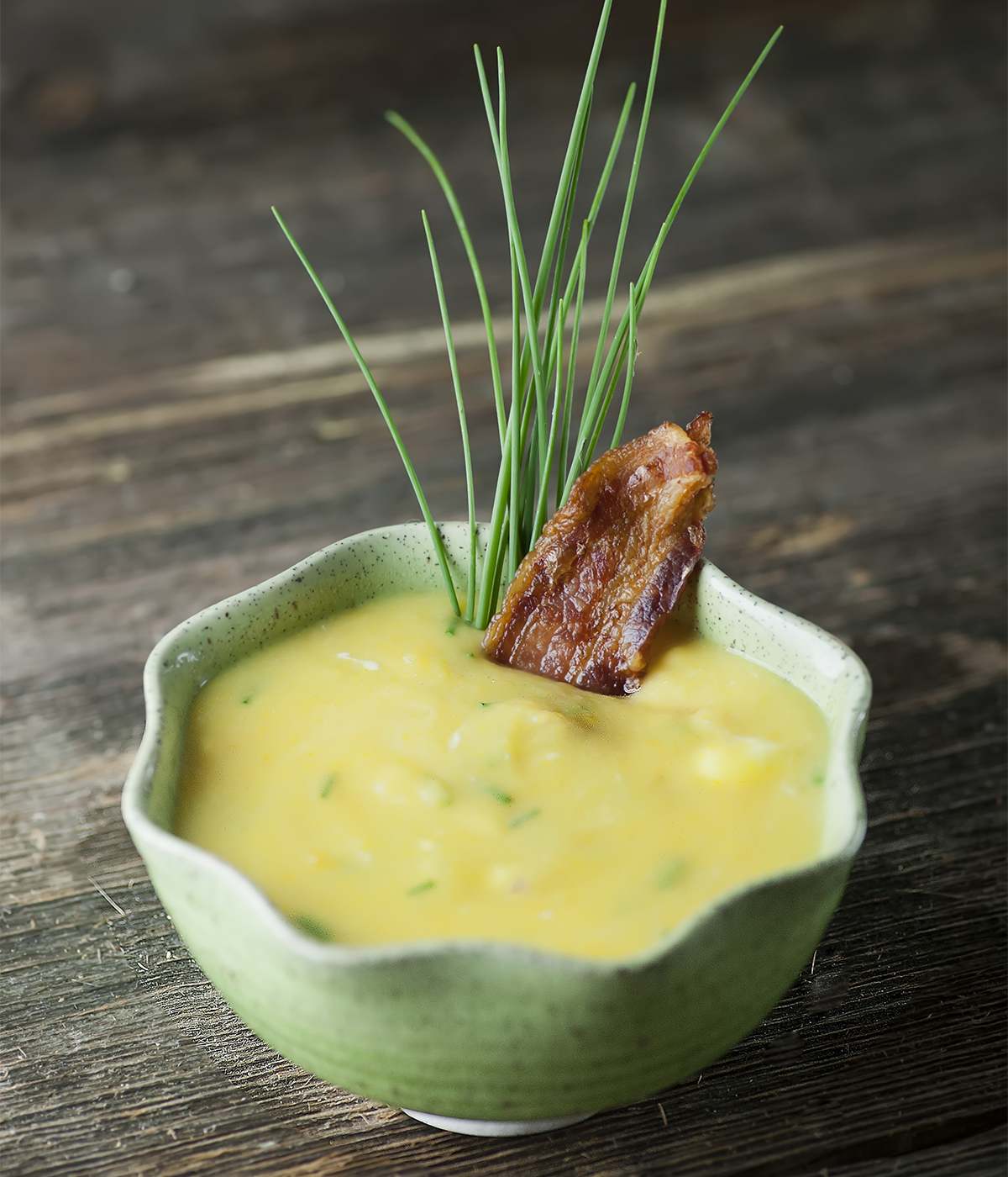 Potato cream cheese soup in a bowl.