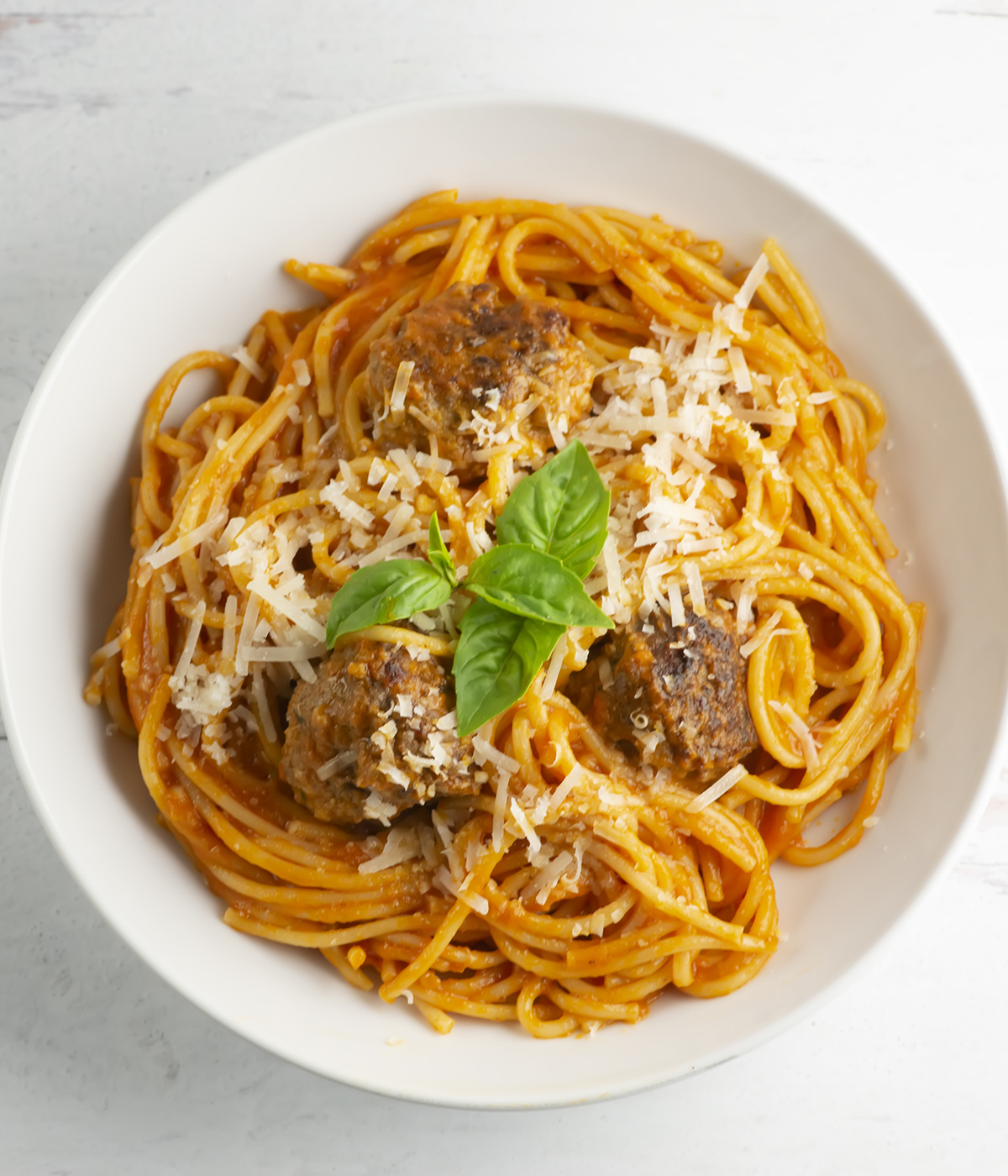 Dish of spaghetti and meatballs.