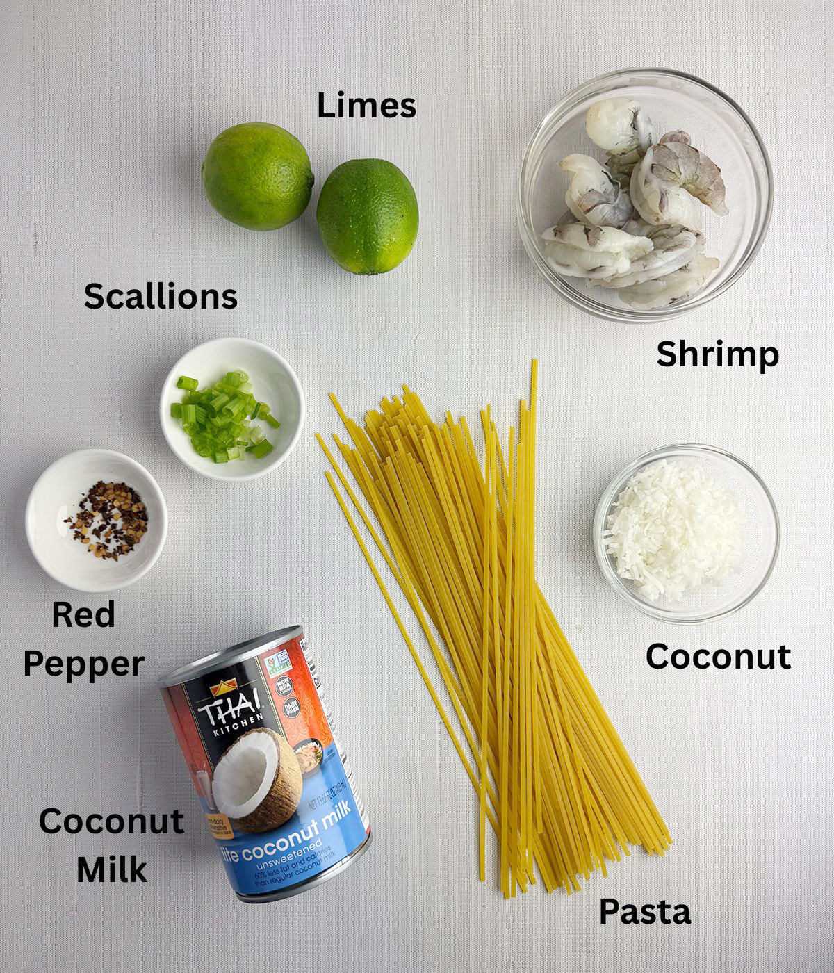 Ingredients for Coconut Shrimp Pasta. 