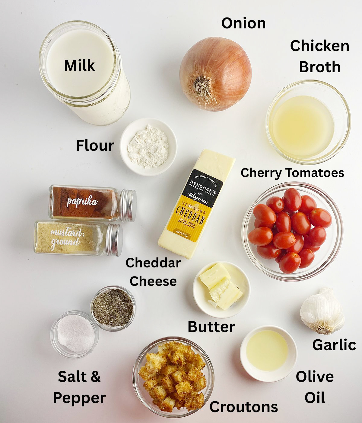 Ingredients for cheddar cheese soup. 