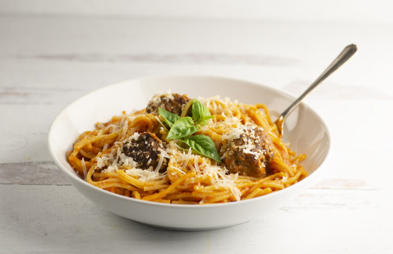 One pot spaghetti and meatballs in a bowl.