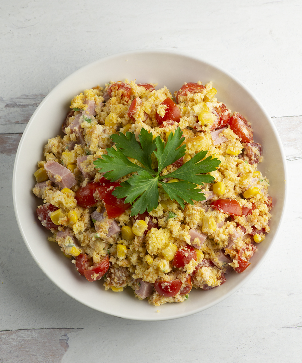 Bowl of ham cornbread salad.