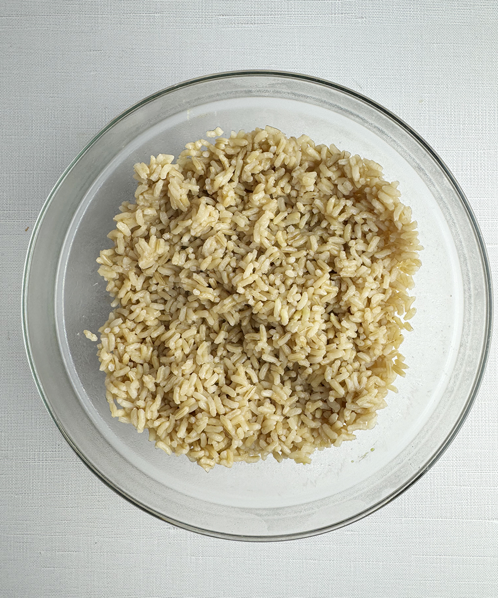 Cooked brown rice in a bowl.