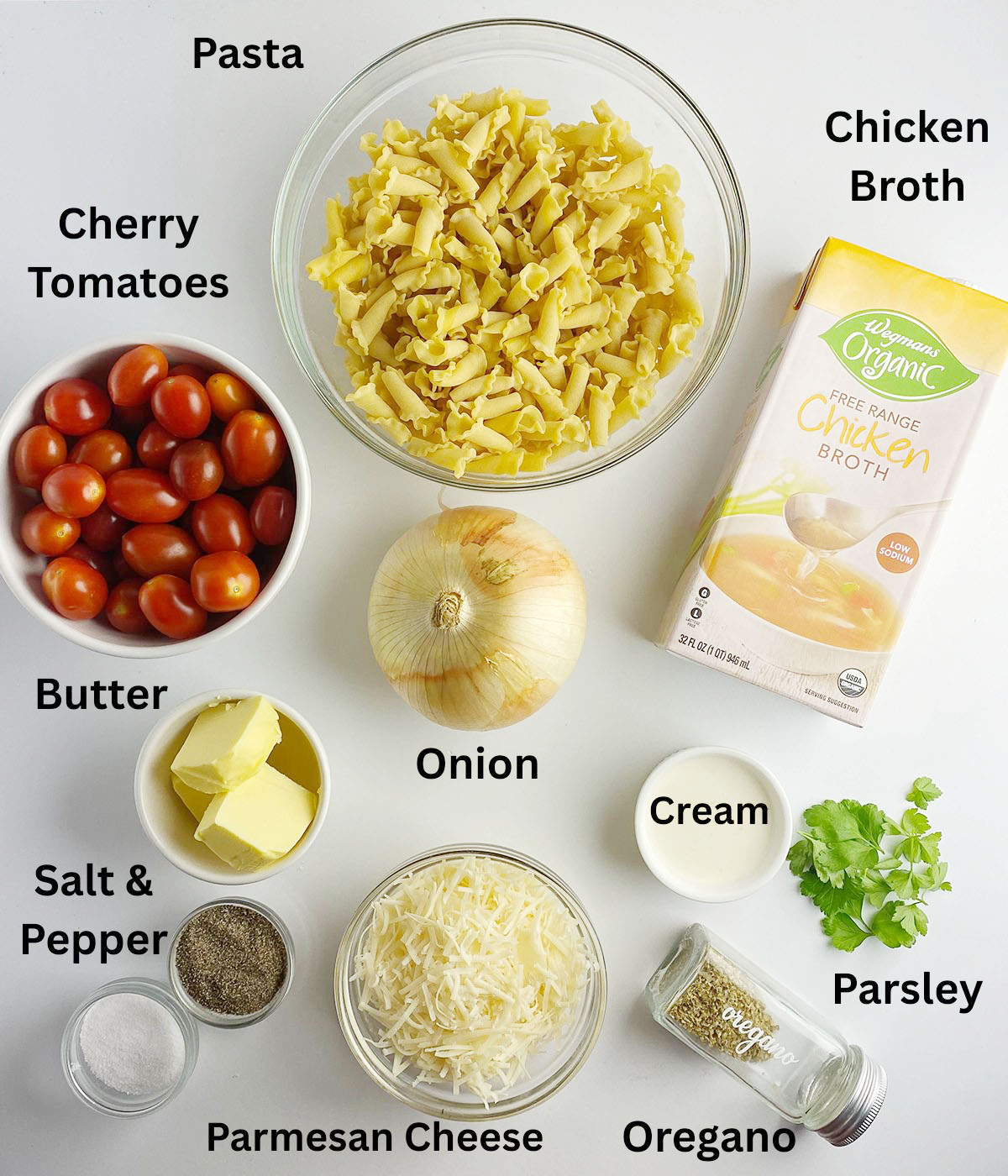Ingredients for One Pot Tomato Parmesan Pasta. 
