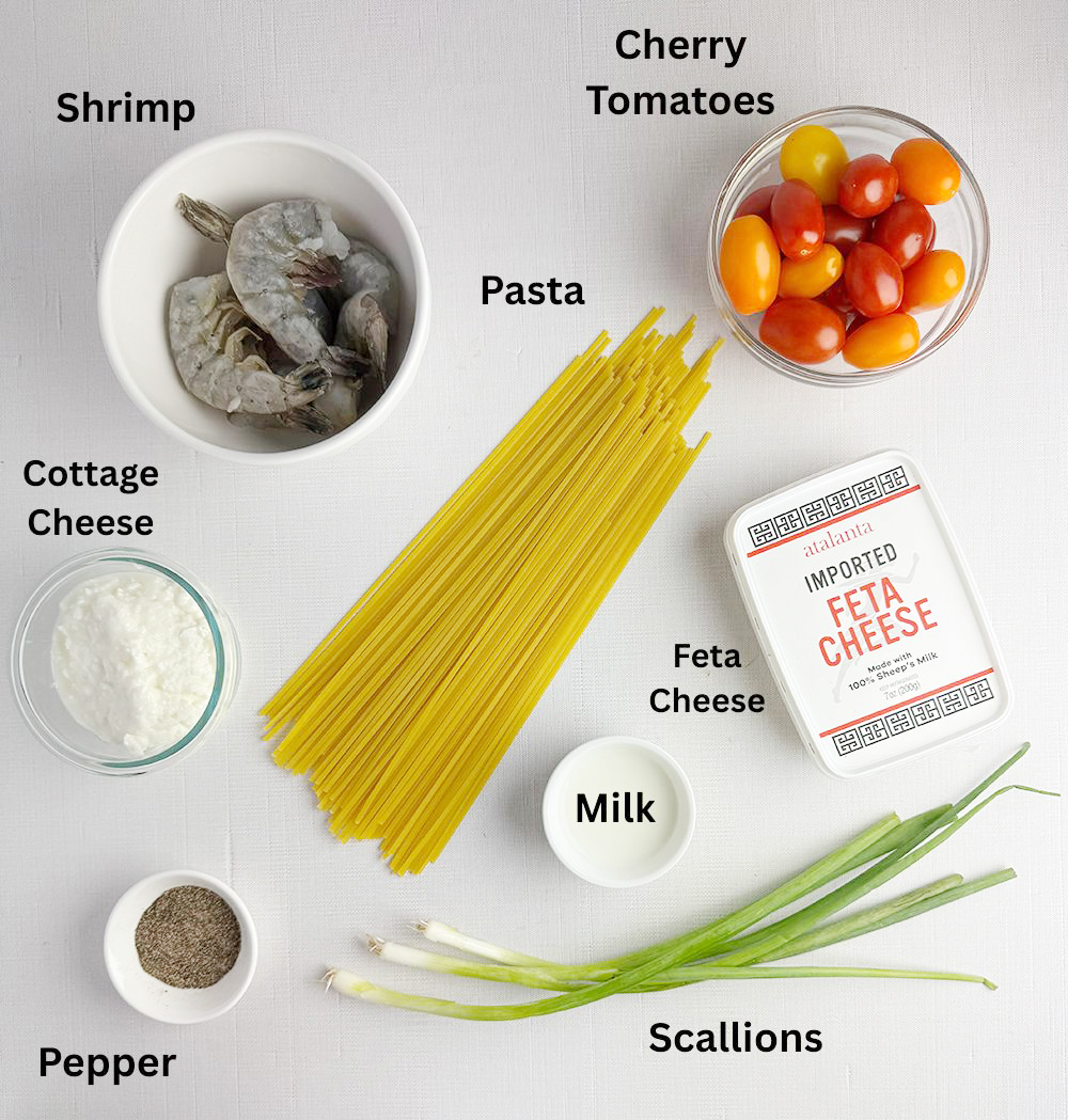 Ingredients for Pasta with Shrimp and Feta Sauce.