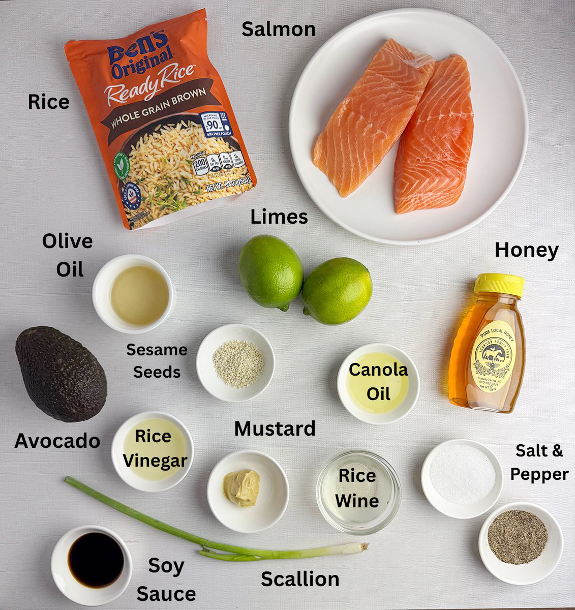 Ingredients for a Sesame Salmon Rice Bowl.