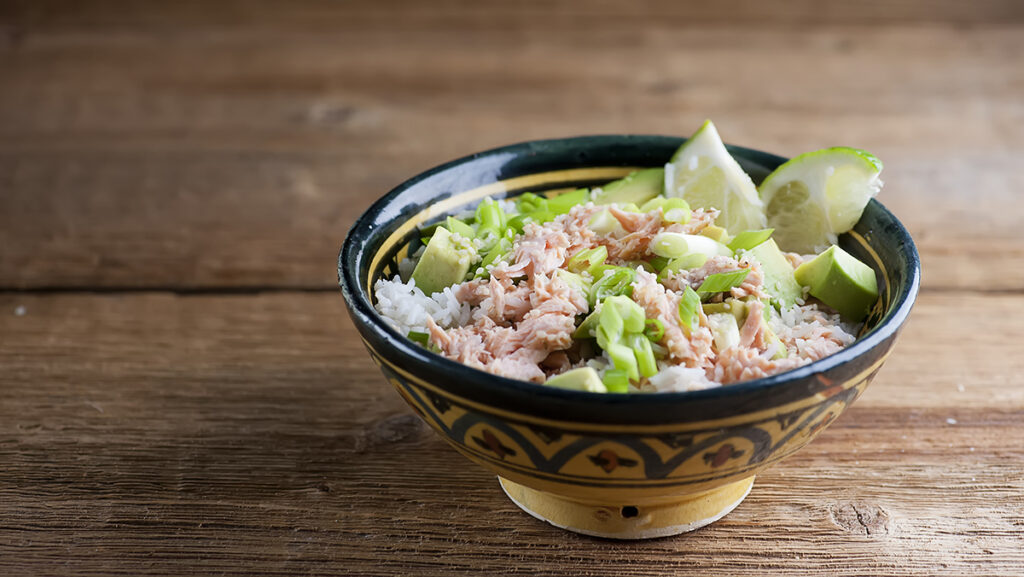 Sesame salmon rice bowl.