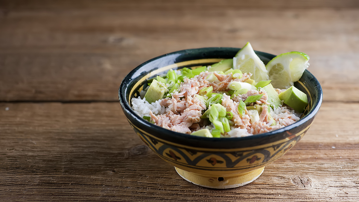 Sesame salmon rice bowl.