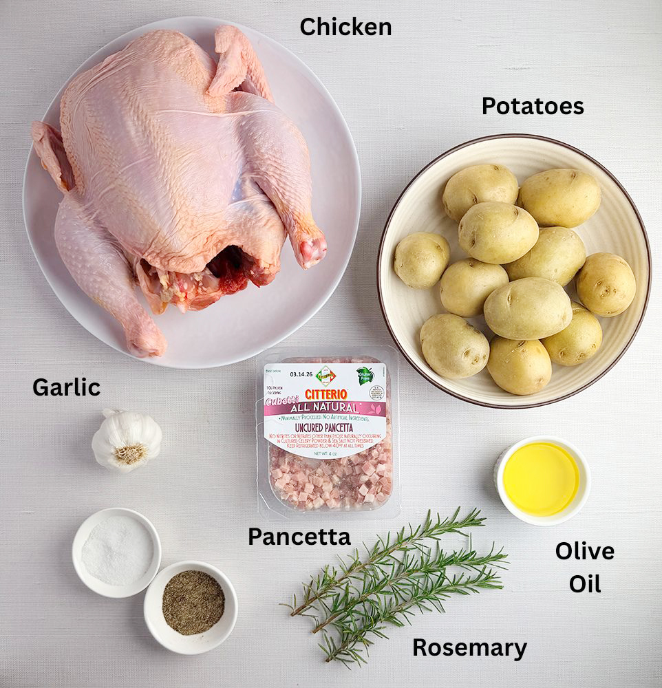 Spatchcock chicken and potatoes ingredients. 