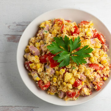 Easy Southern cornbread ham salad in a bowl.