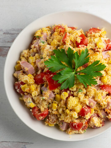 Easy Southern cornbread ham salad in a bowl.