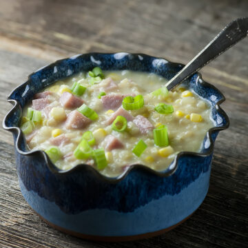 Bowl of easy ham and potato chowder.