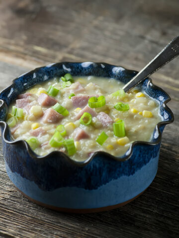 Bowl of easy ham and potato chowder.