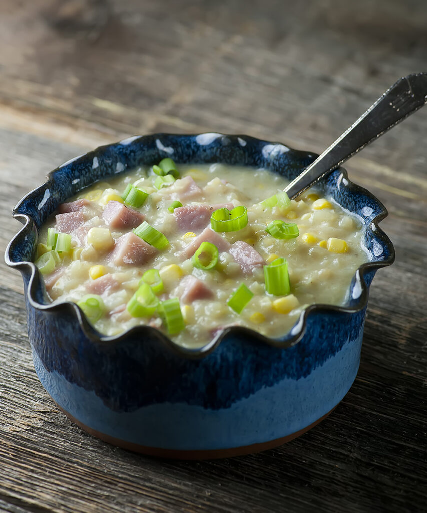 Bowl of easy ham and potato chowder.