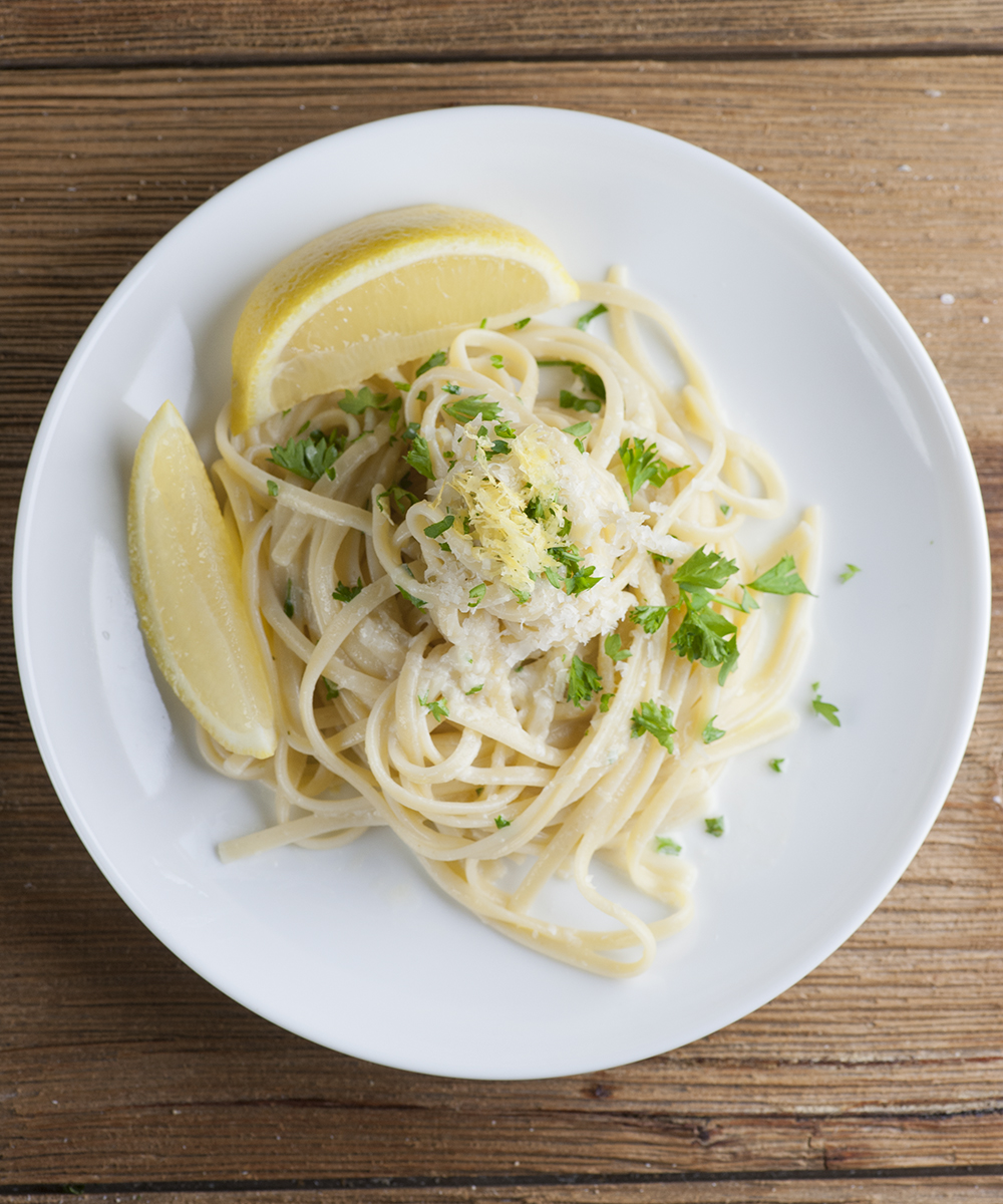 Plate of creamy lemon pasta.