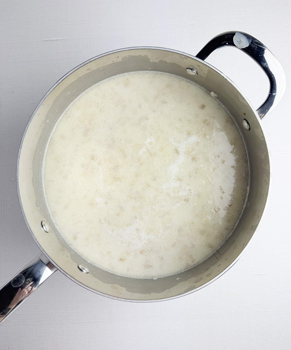 Potato ham chowder in a pot.