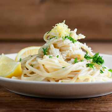 Plate of creamy lemon pasta.