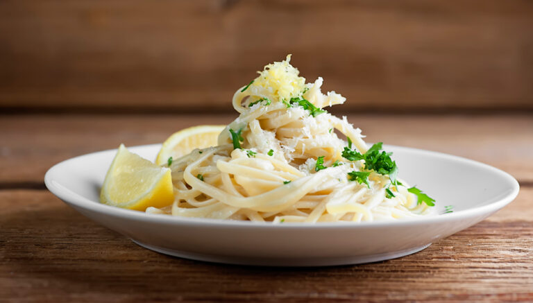 Plate of creamy lemon pasta.